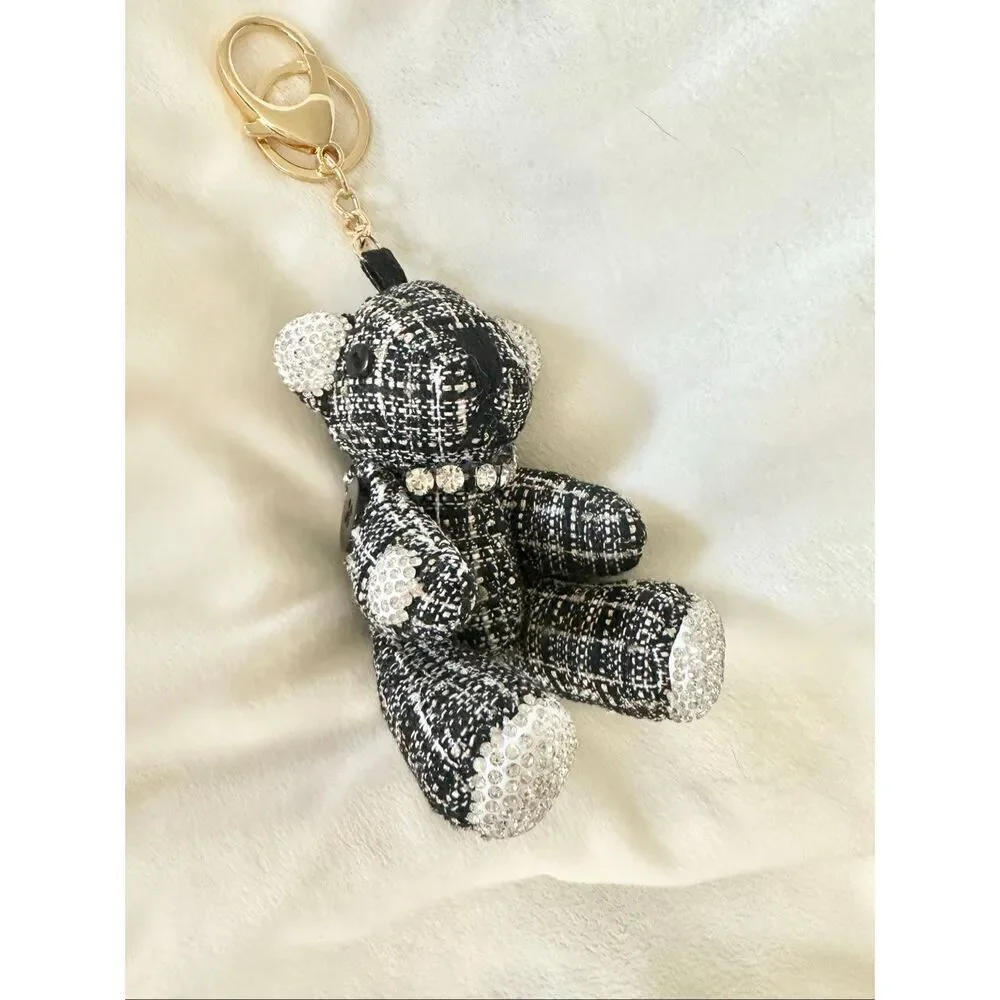 Glamorous tweed black and white plush teddy bear with rhinestone detail